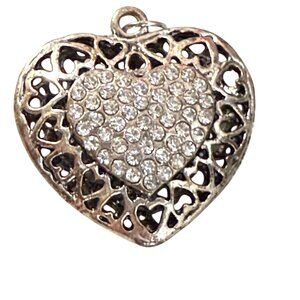 Silver-Tone Heart Pendant with Rhinestone Center & Openwork Design for Necklace
